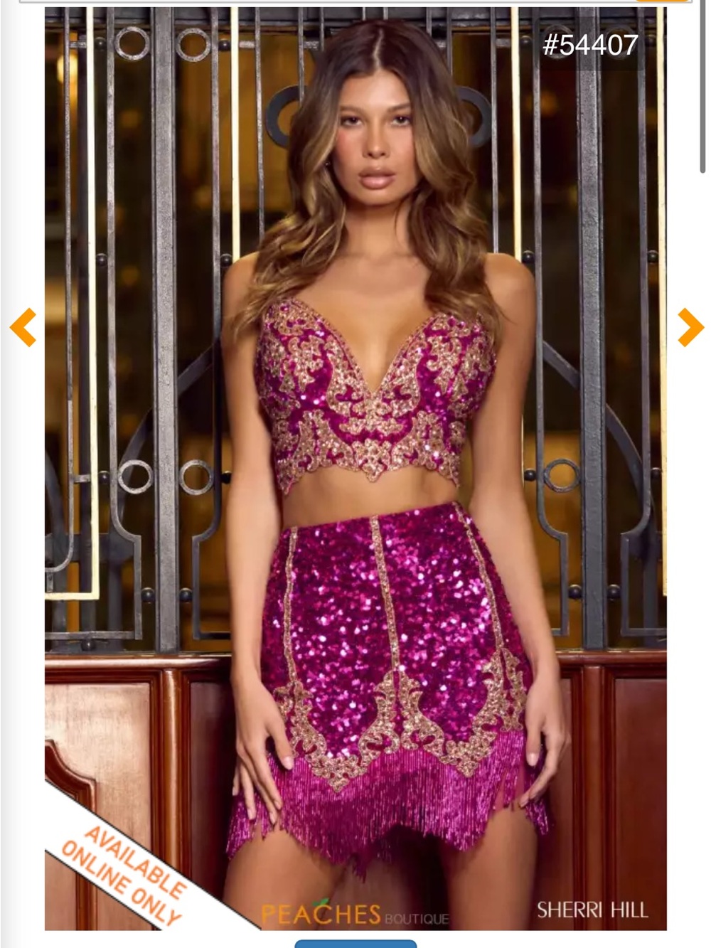 Sherri Hill Fuchsia Sequin Two-Piece Crop Top and Fringe Skirt
